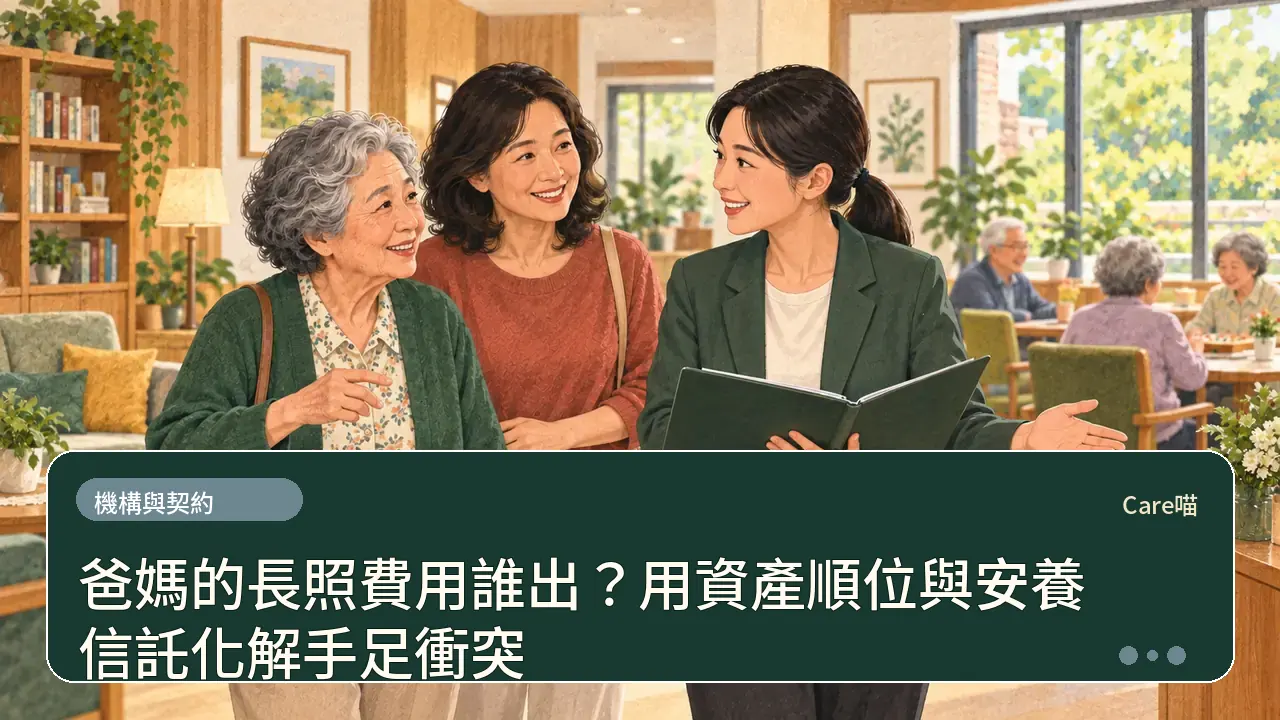 爸媽的長照費用誰出？用資產順位與安養信託化解手足衝突主題插畫