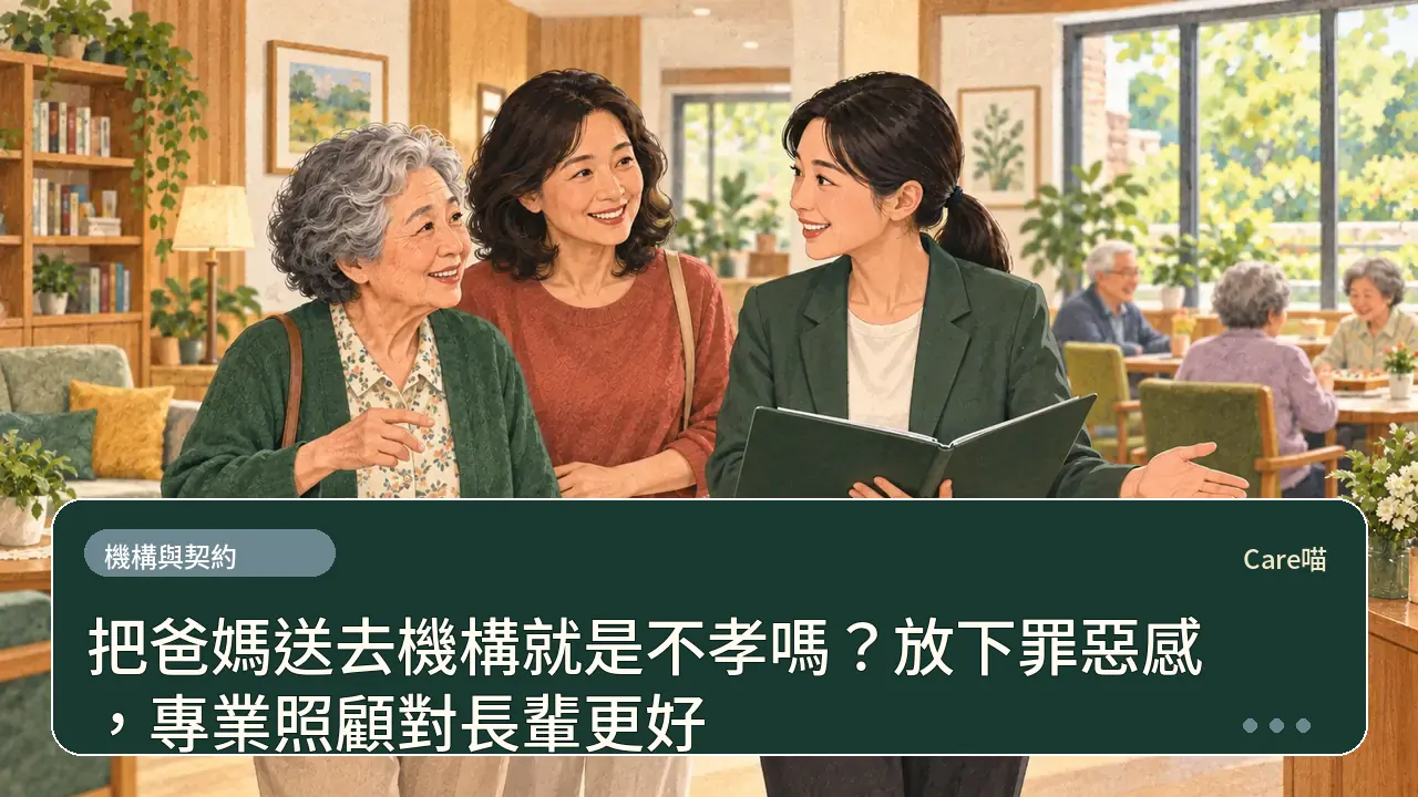 把爸媽送去機構就是不孝嗎？放下罪惡感，專業照顧對長輩更好主題插畫