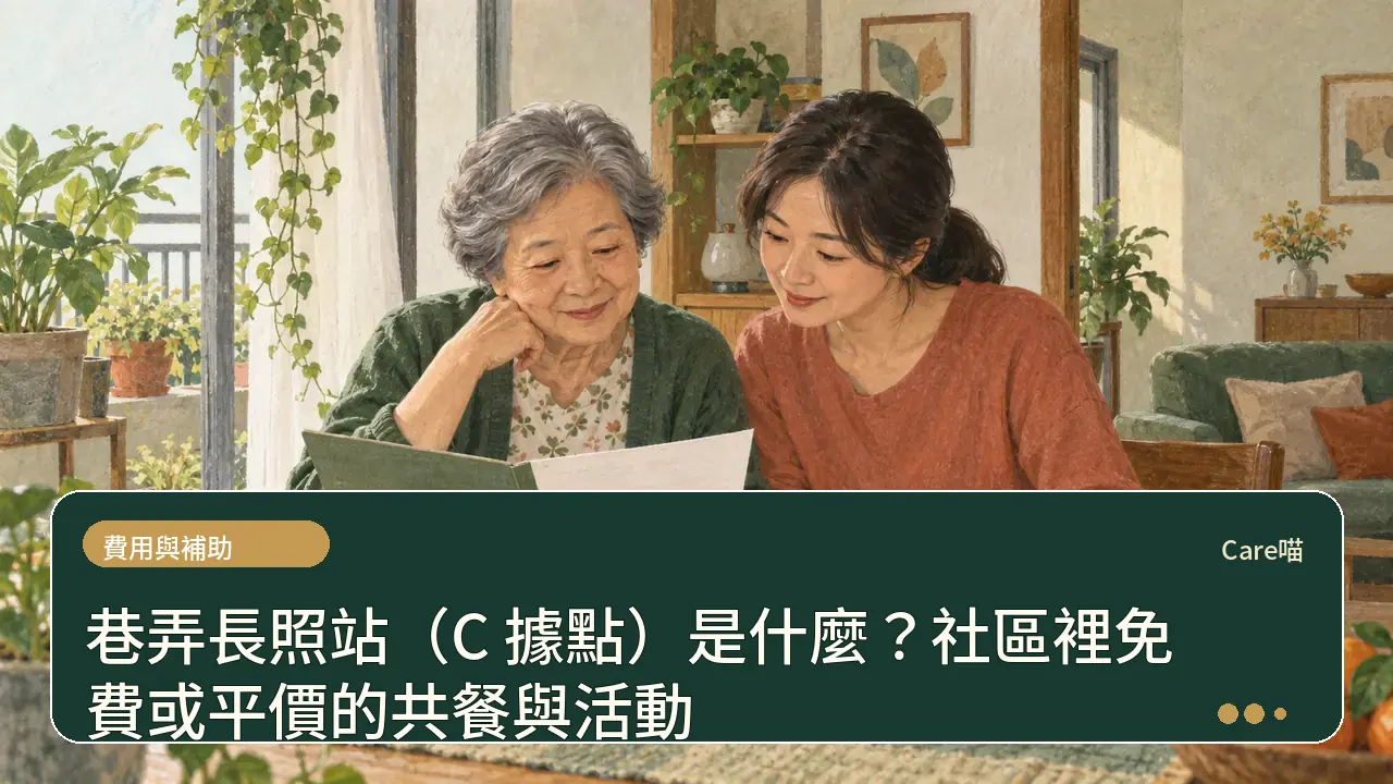 巷弄長照站(C 據點)是什麼?社區裡免費或平價的共餐與活動主題插畫