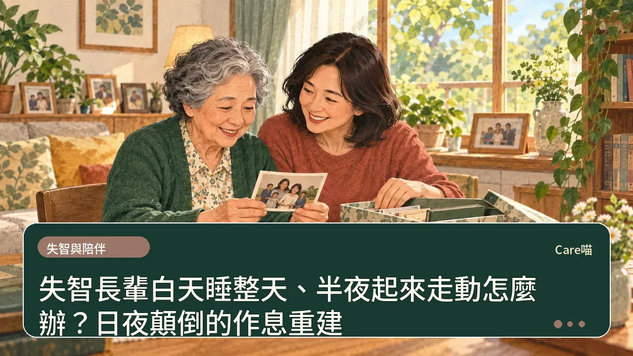 失智長輩白天睡整天、半夜起來走動怎麼辦？日夜顛倒的作息重建主題插畫