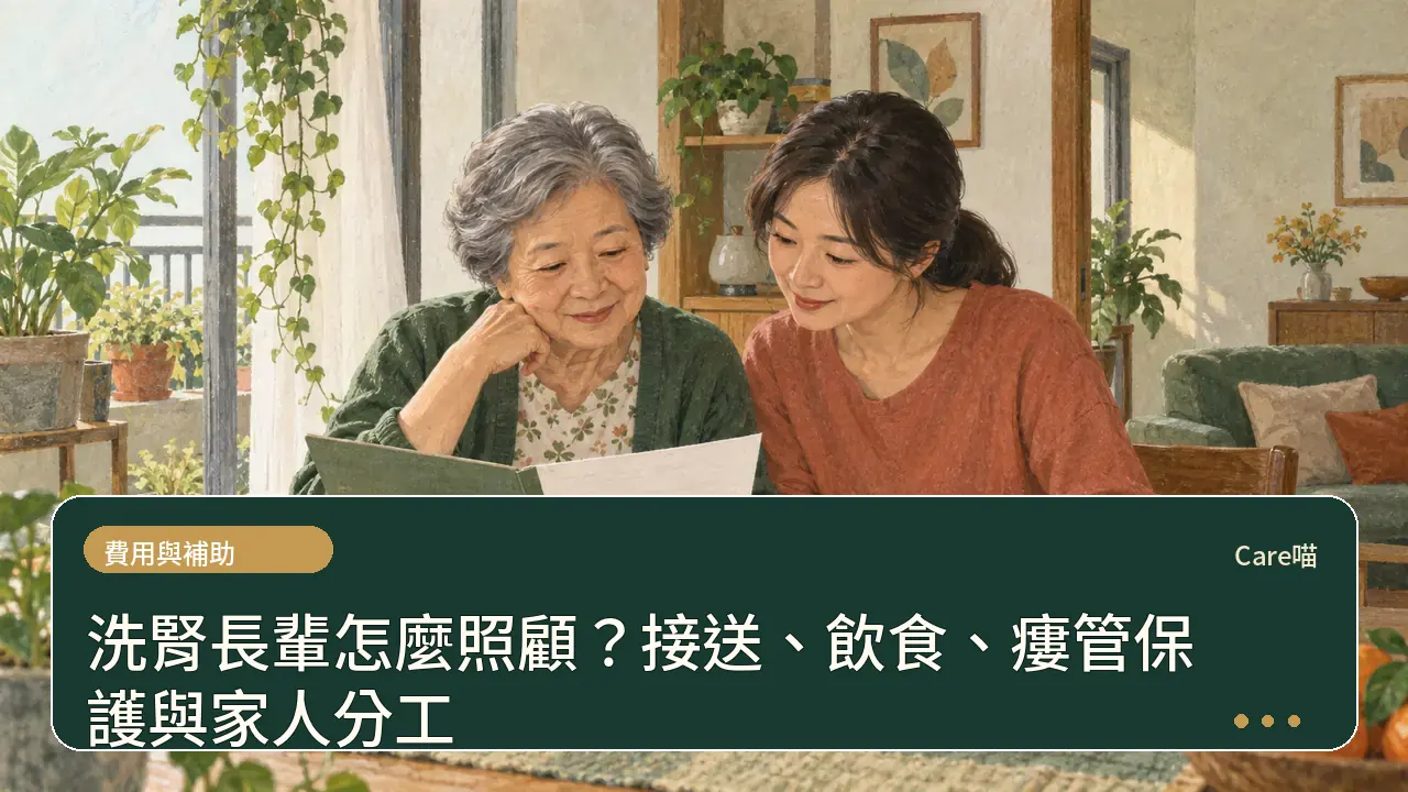 洗腎長輩怎麼照顧?接送、飲食、瘻管保護與家人分工主題插畫