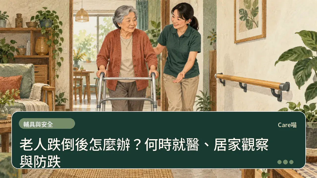 老人跌倒後怎麼辦？何時就醫、居家觀察與防跌主題插畫
