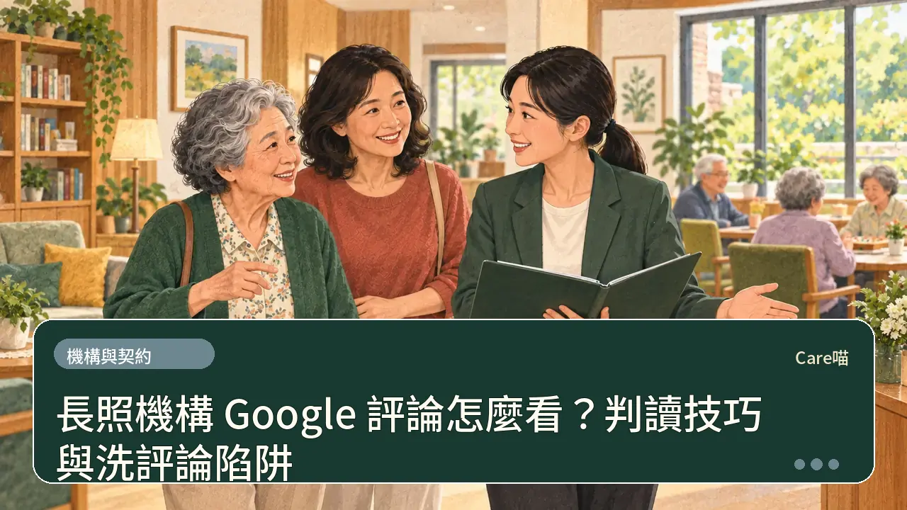 長照機構 Google 評論怎麼看?判讀技巧與洗評論陷阱主題插畫