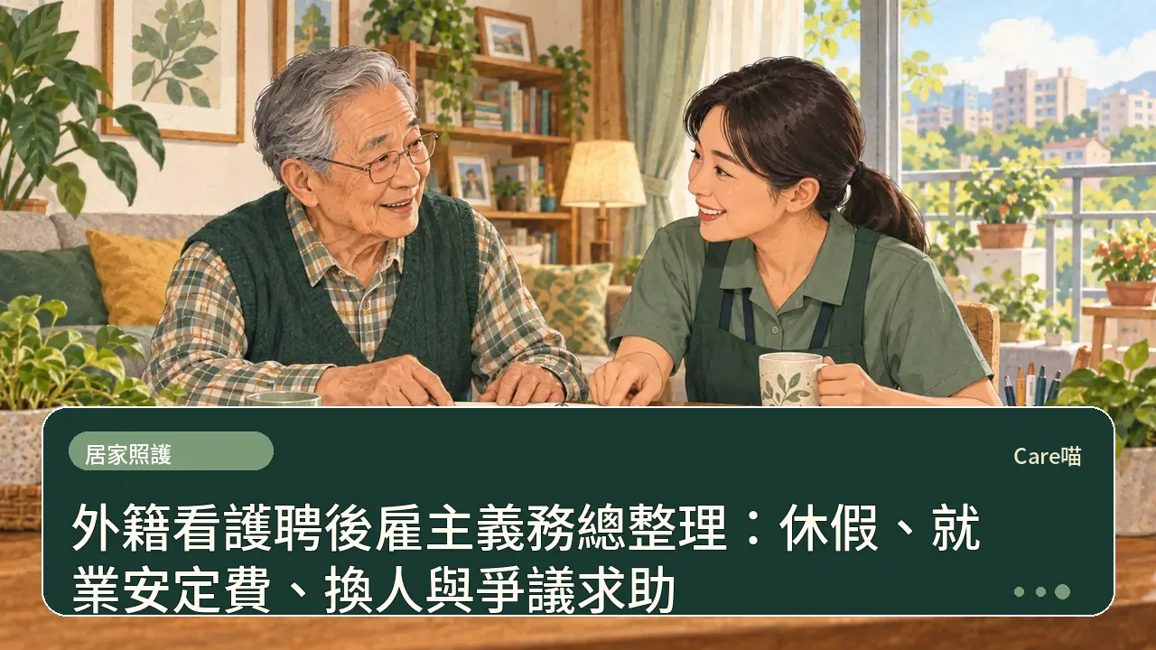 外籍看護聘後雇主義務總整理:休假、就業安定費、換人與爭議求助主題插畫