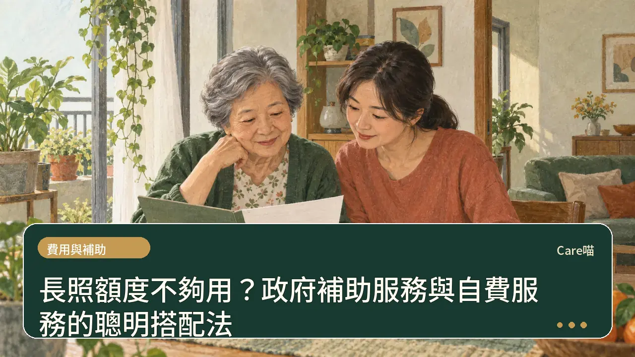 長照額度不夠用？政府補助服務與自費服務的聰明搭配法主題插畫