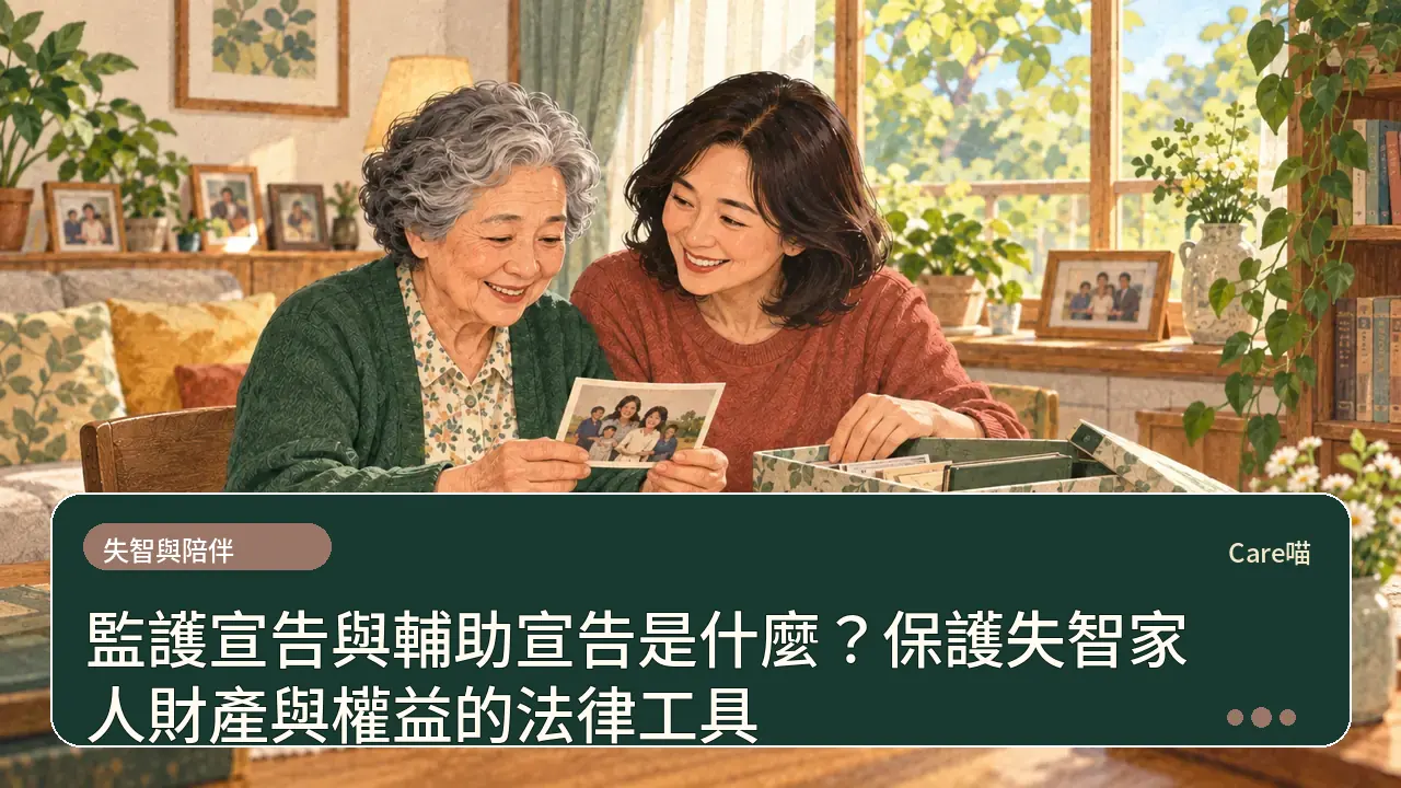 監護宣告與輔助宣告是什麼?保護失智家人財產與權益的法律工具主題插畫