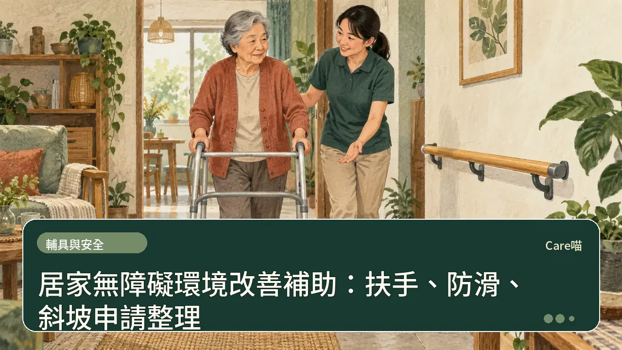 居家無障礙環境改善補助：扶手、防滑、斜坡申請整理主題插畫