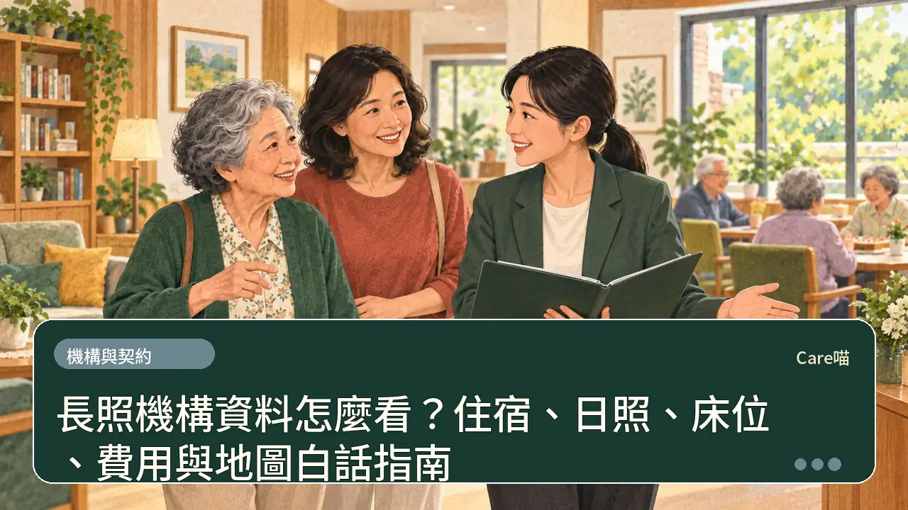 長照機構資料怎麼看？住宿、日照、床位、費用與地圖白話指南主題插畫