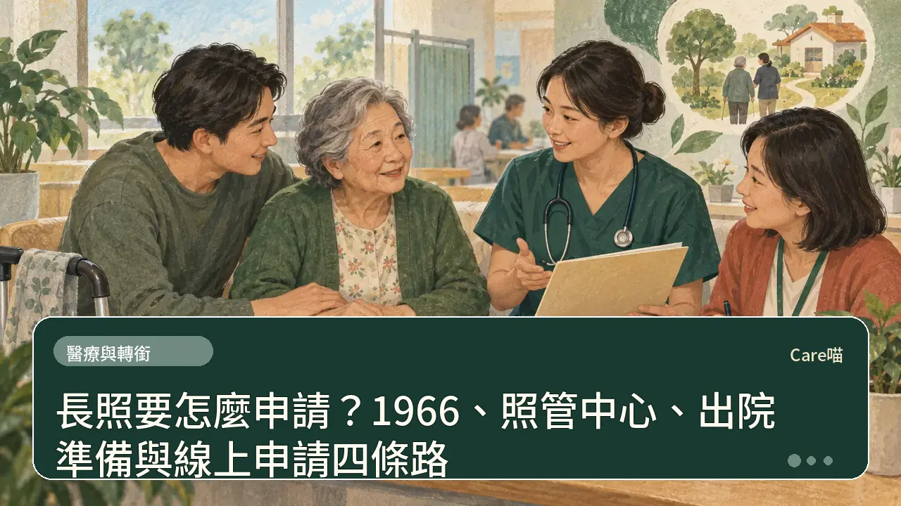 長照要怎麼申請？1966、照管中心、出院準備與線上申請四條路主題插畫