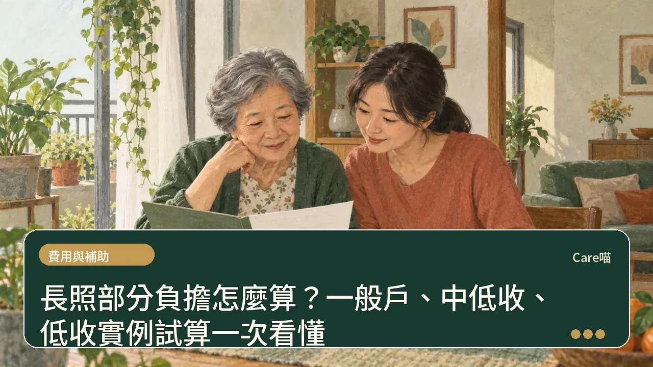 長照部分負擔怎麼算？一般戶、中低收、低收實例試算一次看懂主題插畫