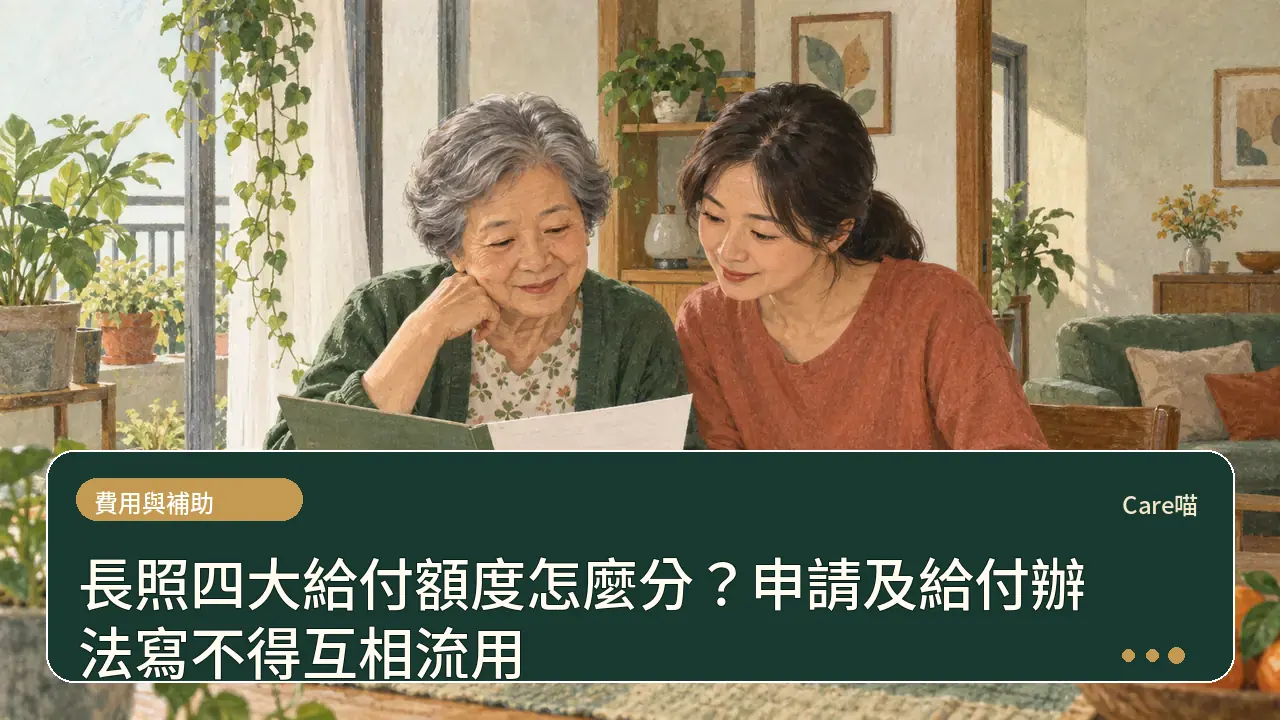 長照四大給付額度怎麼分?申請及給付辦法寫不得互相流用主題插畫