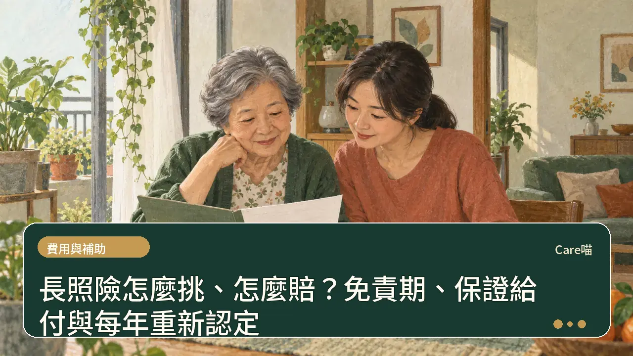 長照險怎麼挑、怎麼賠？免責期、保證給付與每年重新認定主題插畫