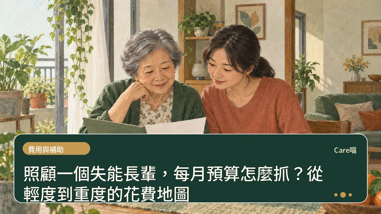 照顧一個失能長輩，每月預算怎麼抓？從輕度到重度的花費地圖主題插畫