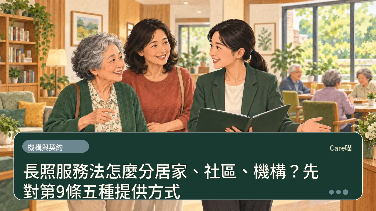 長照服務法怎麼分居家、社區、機構?先對第9條五種提供方式主題插畫