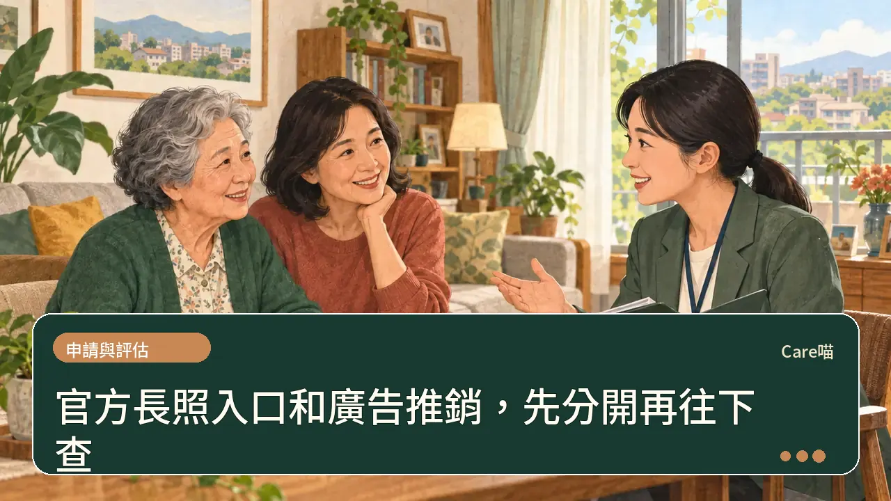 官方長照入口和廣告推銷，先分開再往下查主題插畫