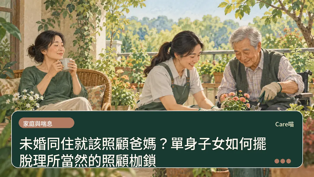 未婚同住就該照顧爸媽？單身子女如何擺脫理所當然的照顧枷鎖主題插畫