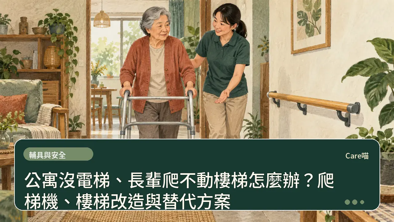 公寓沒電梯、長輩爬不動樓梯怎麼辦？爬梯機、樓梯改造與替代方案主題插畫