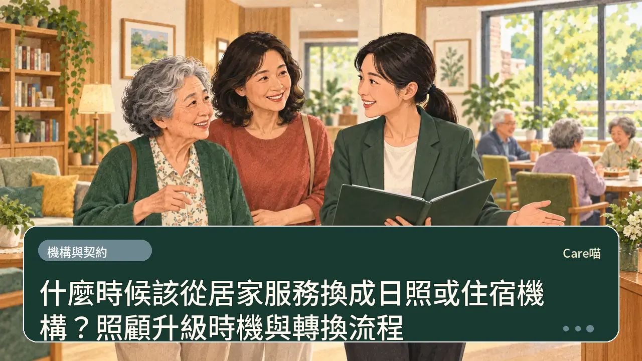 什麼時候該從居家服務換成日照或住宿機構?照顧升級時機與轉換流程主題插畫